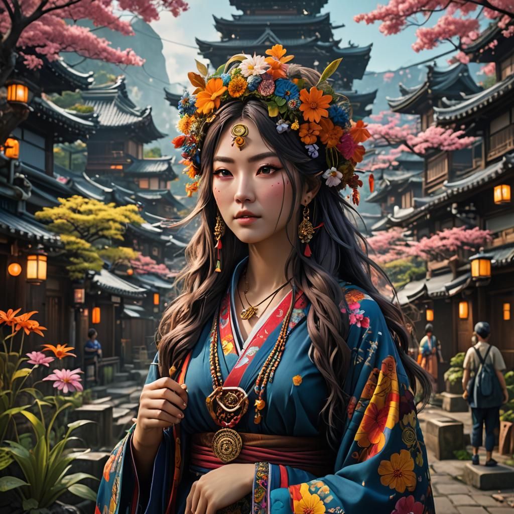 Hippie Girl in Japan: Detailed Matte Painting