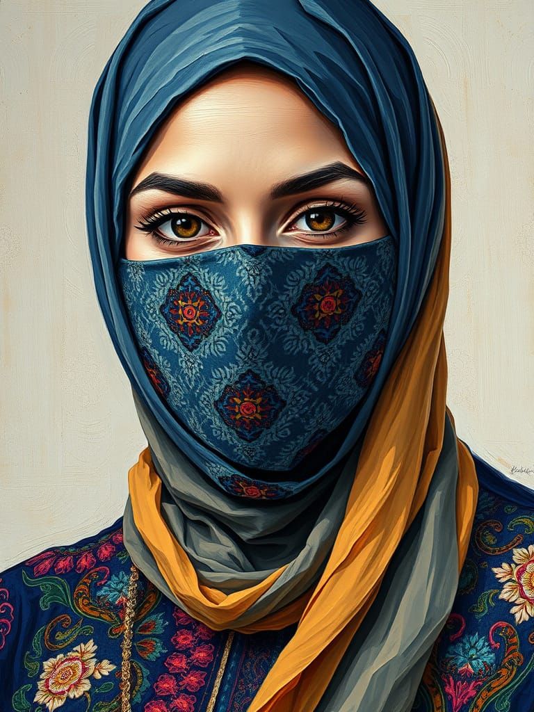 Confident Hijabi Woman in Neo-Impressionist Oil Painting