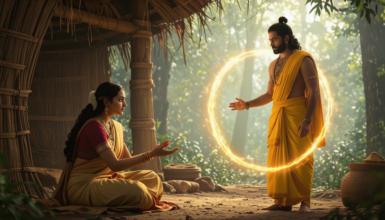 Sita Pleads with Lakshman in Forest Hermitage