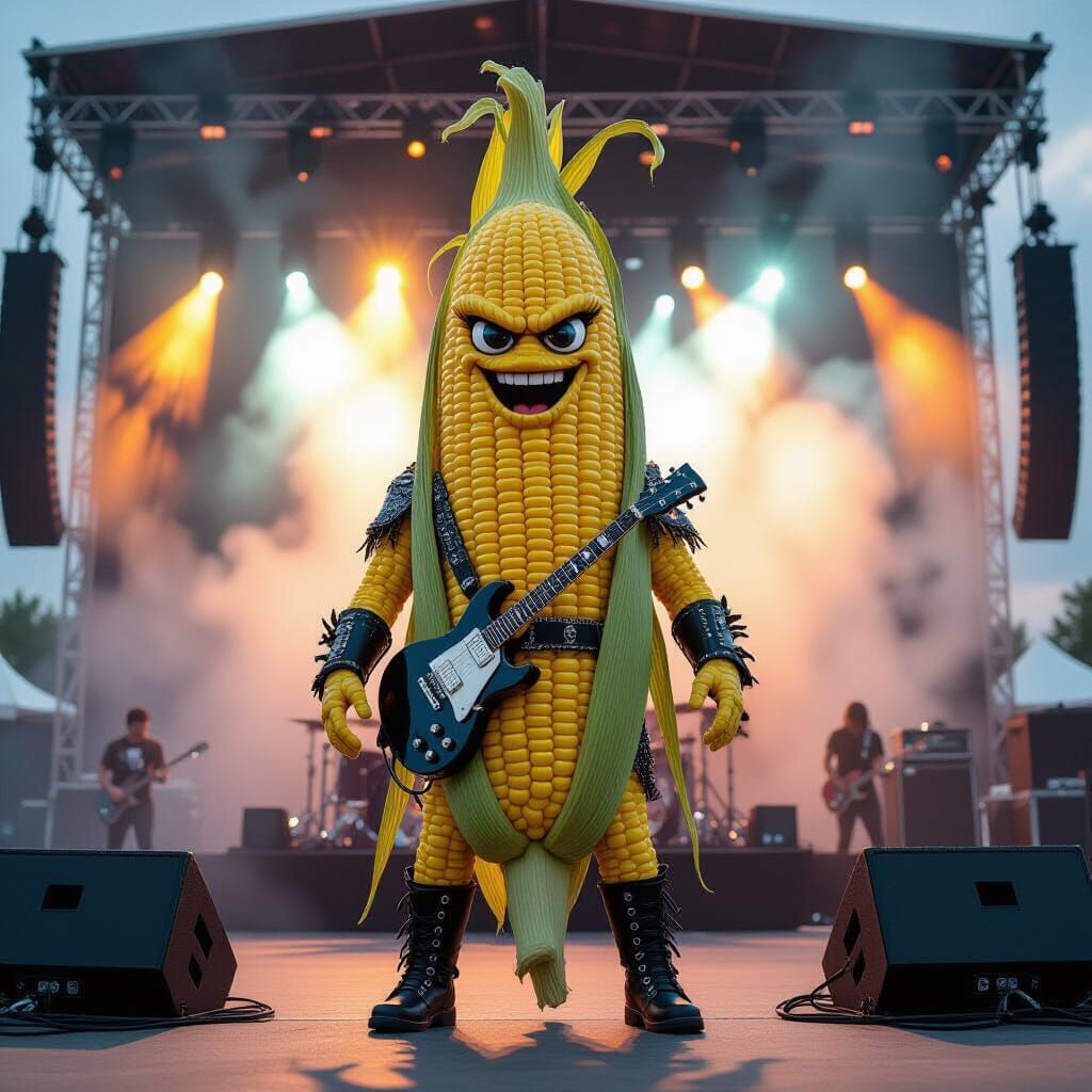 Hyper-Realistic Corn Cob Band Member at Outdoor Festival