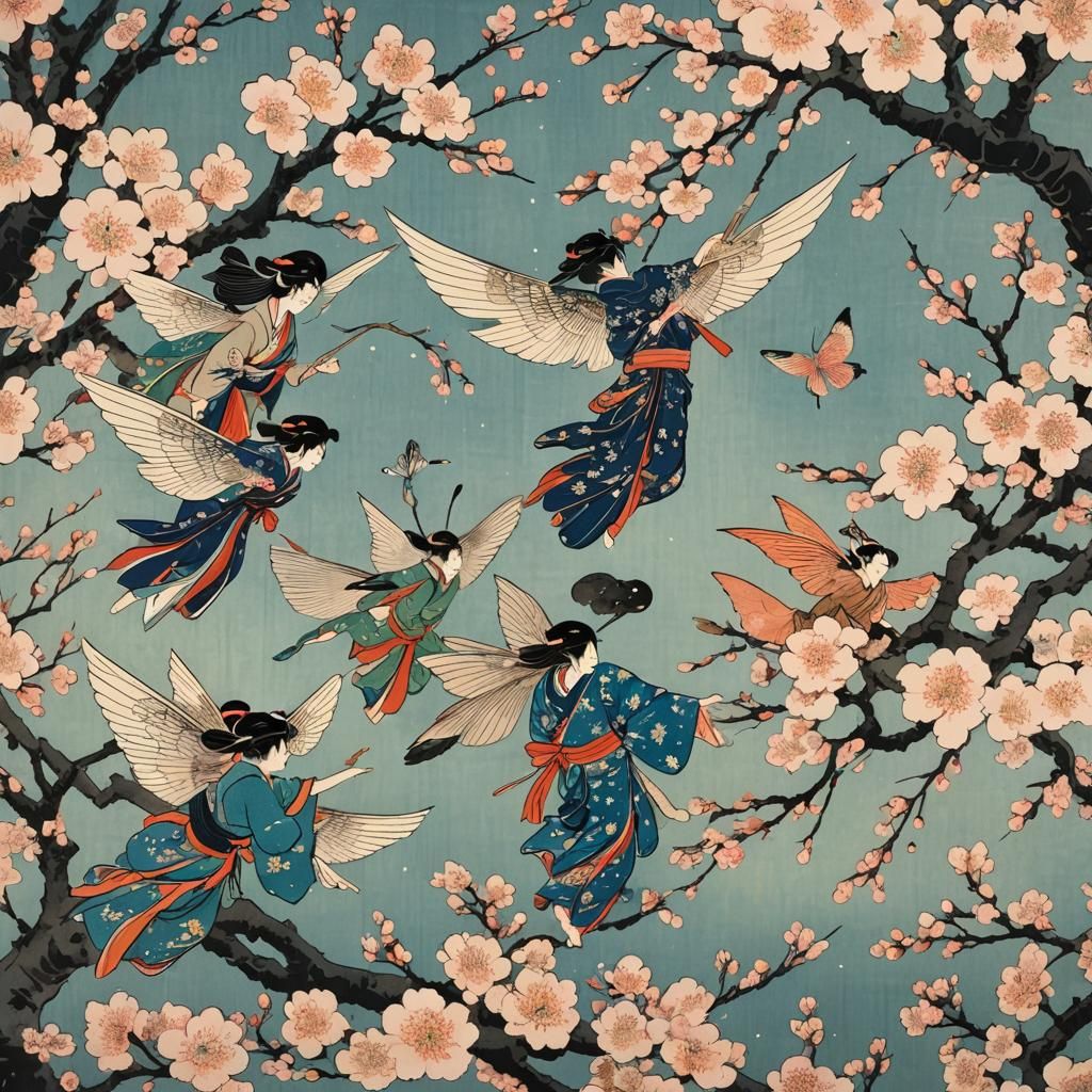 Fairies Dance Among Cherry Blossoms: Ukiyo-e Painting