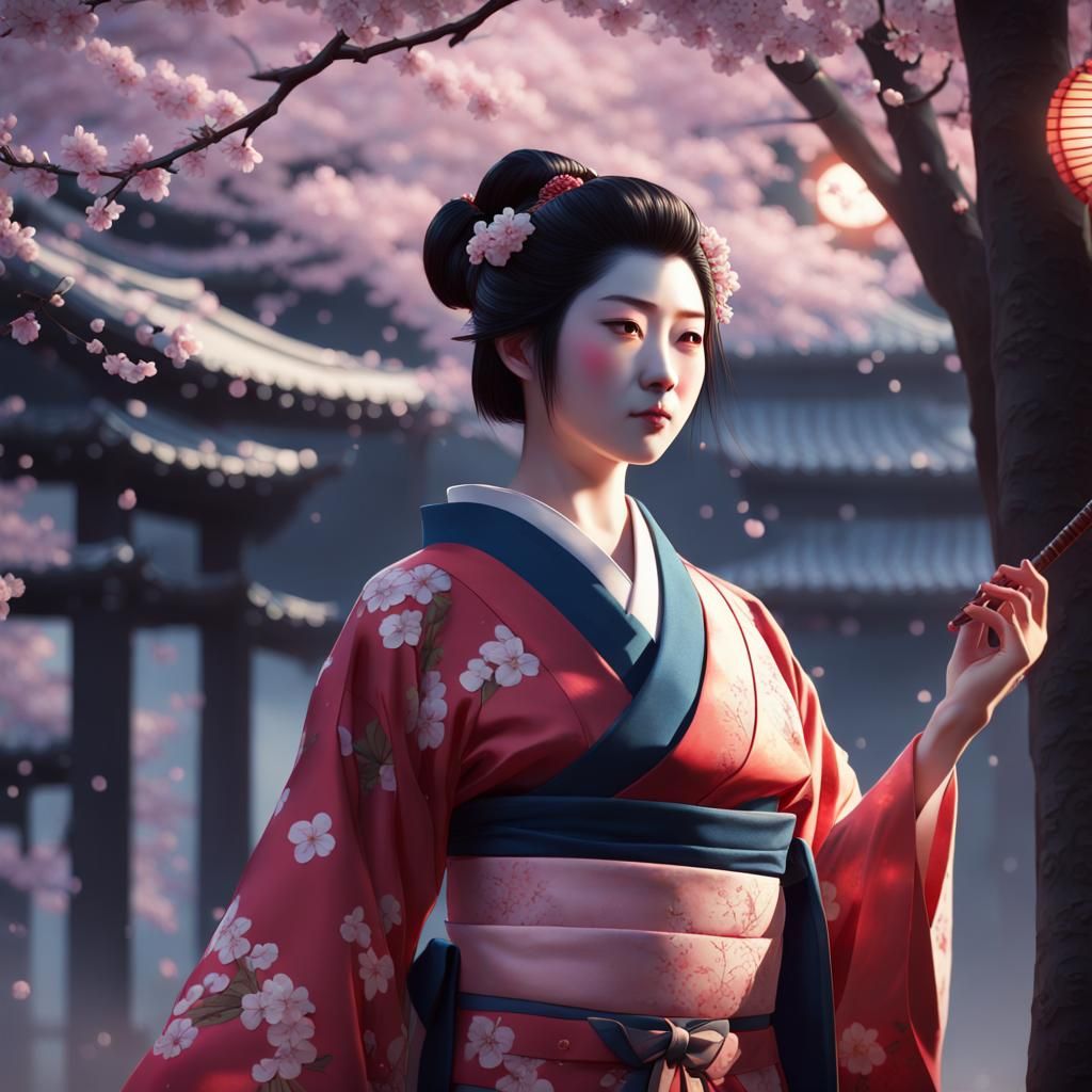 Samurai and Geisha Under Cherry Tree Moonlight