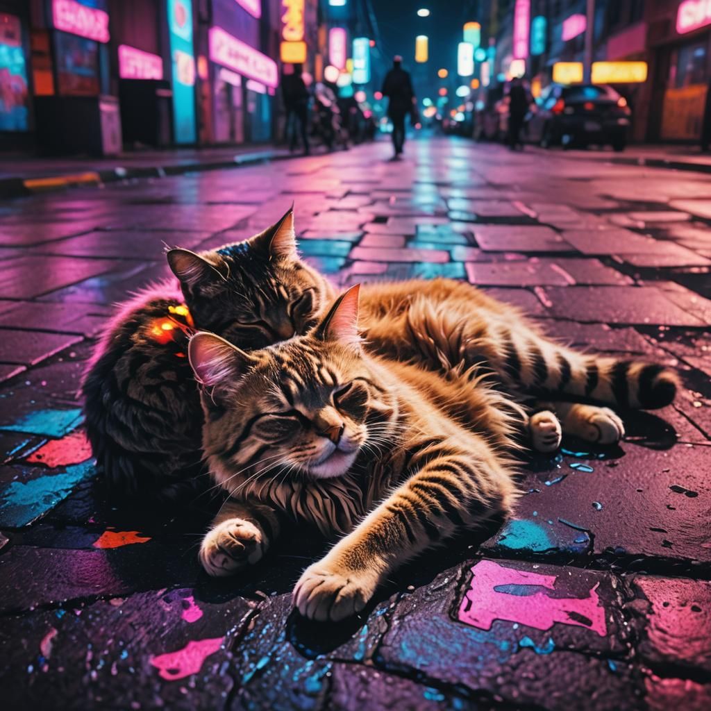 A cat sleeping on another cat: Version Synth-wave