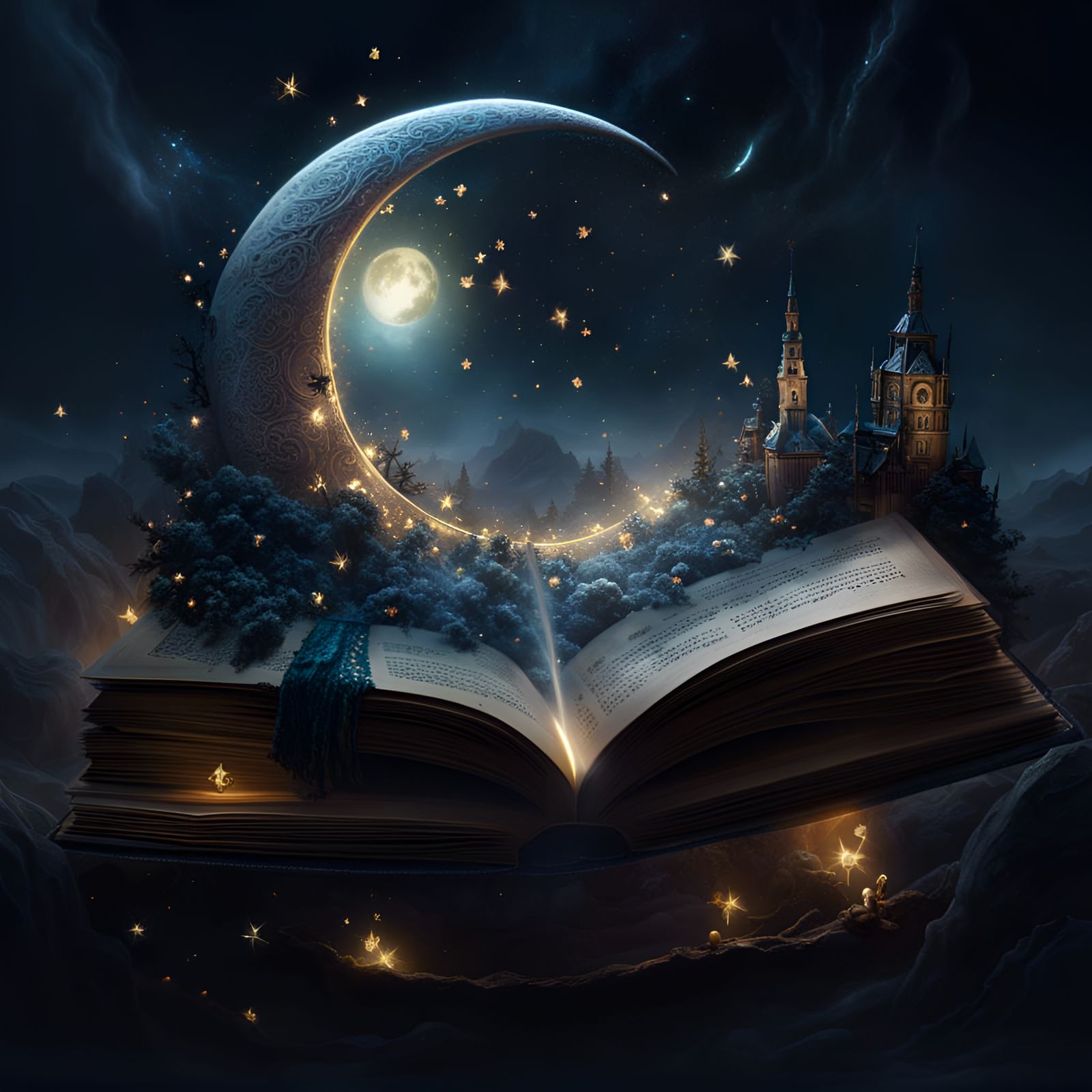 Crescent Moon Universe Emerging from Book, Digital Art