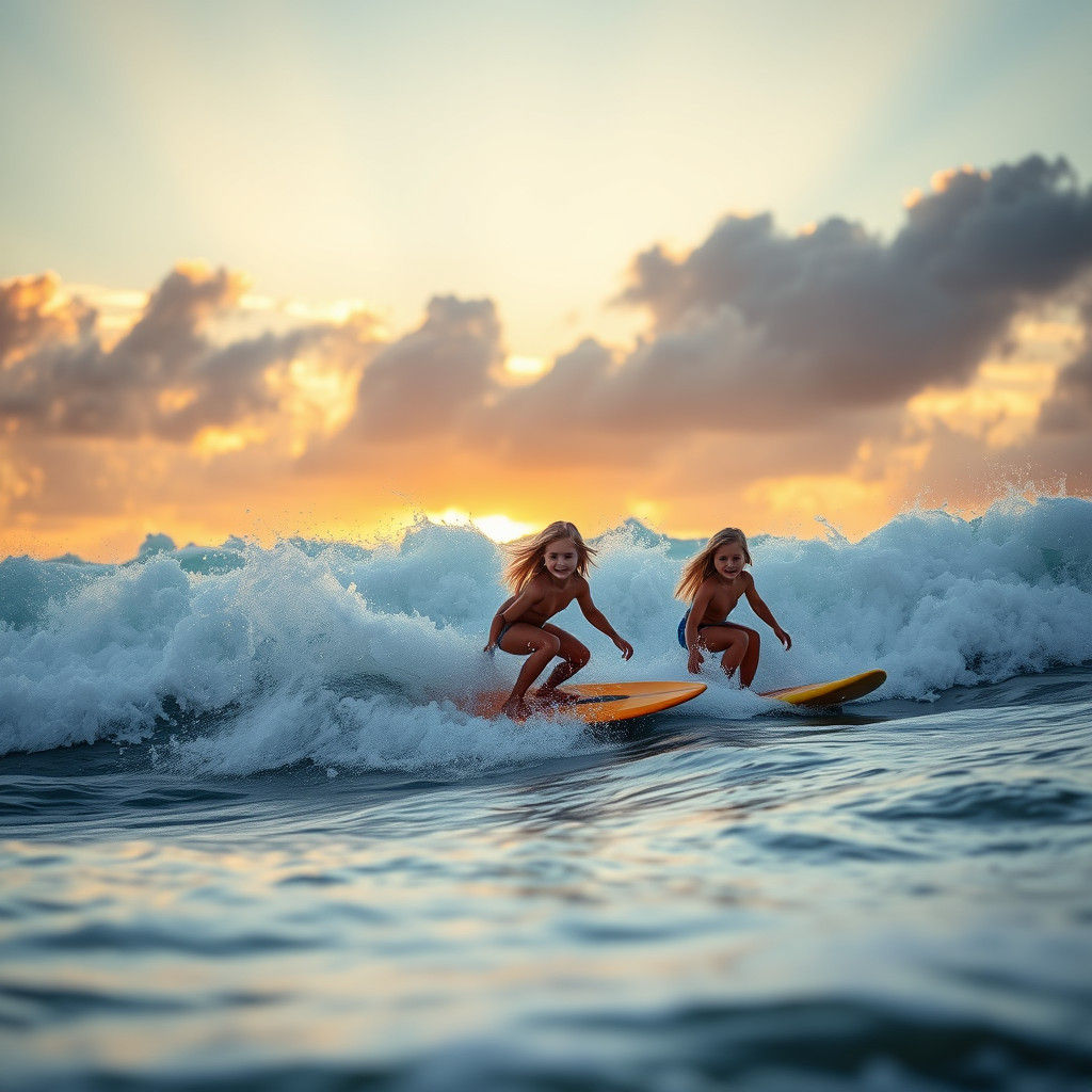 Children Surfing Sunset Waves: Professional Photography
