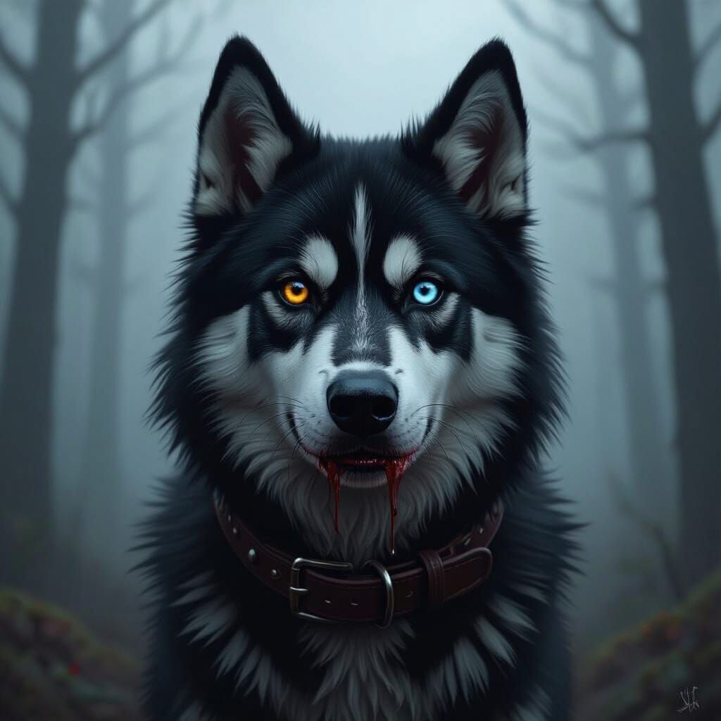 Heterochromatic Black Husky in Misty Forest, Digital Art