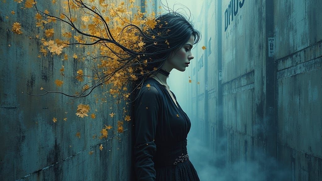 Melancholic Woman Dissolves into Byzantine-Industrial Wall