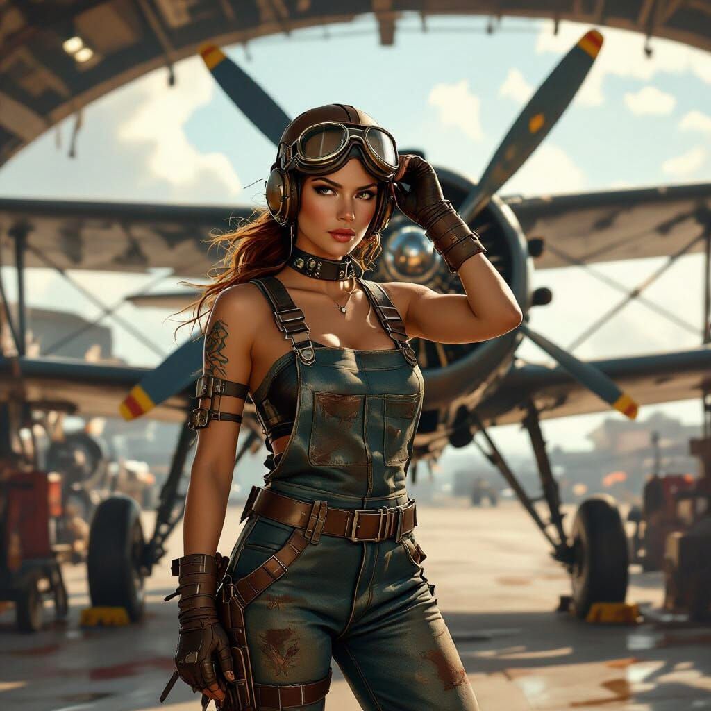 Dieselpunk Pilot Queen in Hangar with Biplane