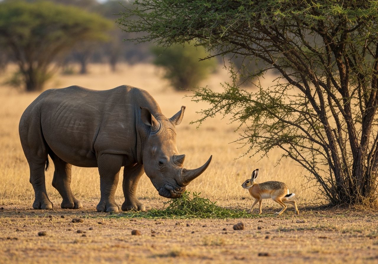 Rhino and Hare Share Acacia Meal