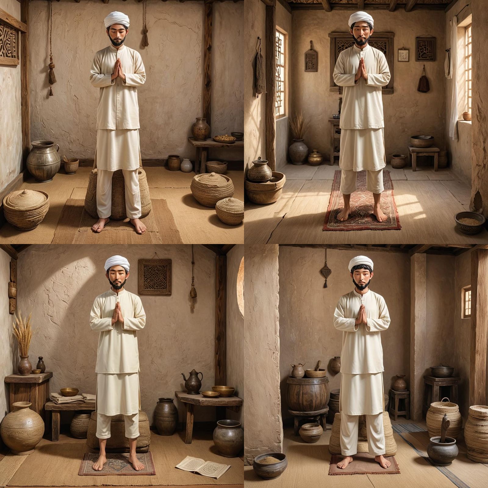 Young Man Praying in Mud House: 3D Anime Art