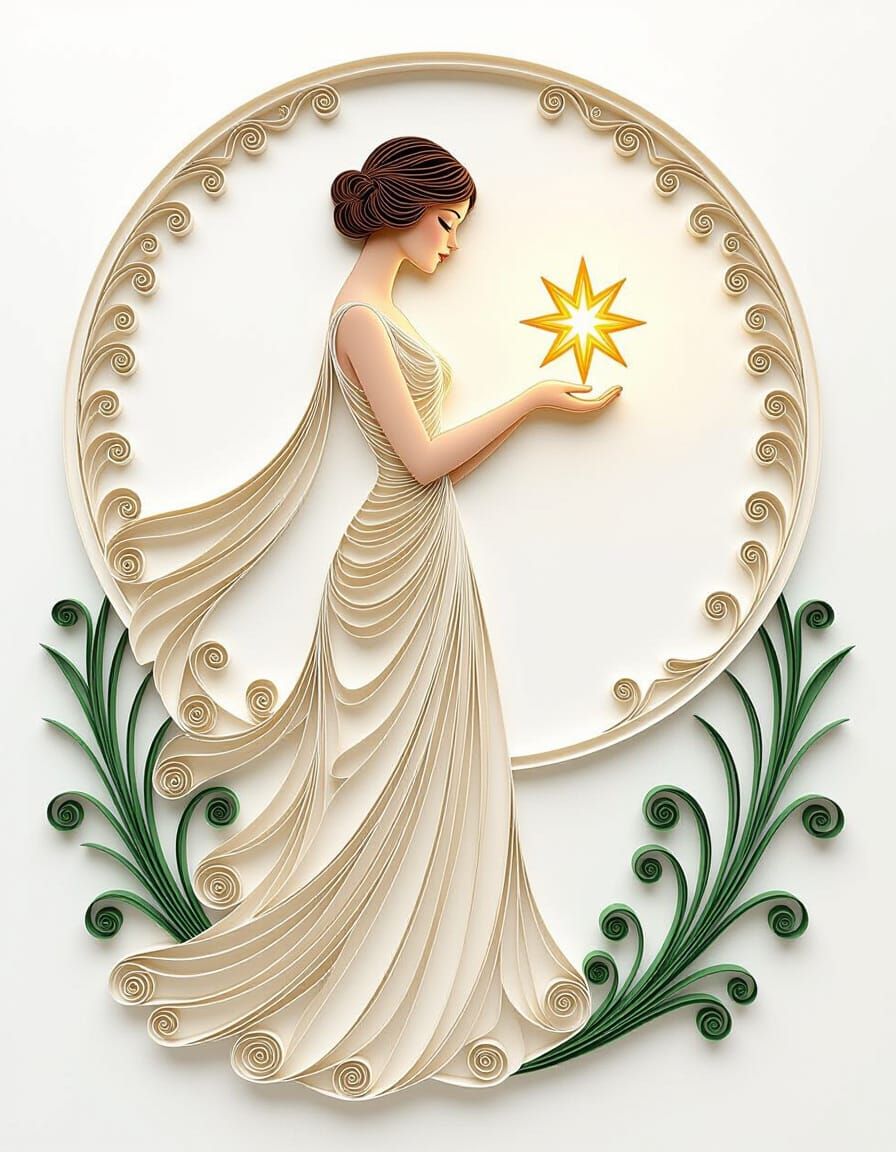 Art Deco Girl Holds Glowing Star in Quilling Style