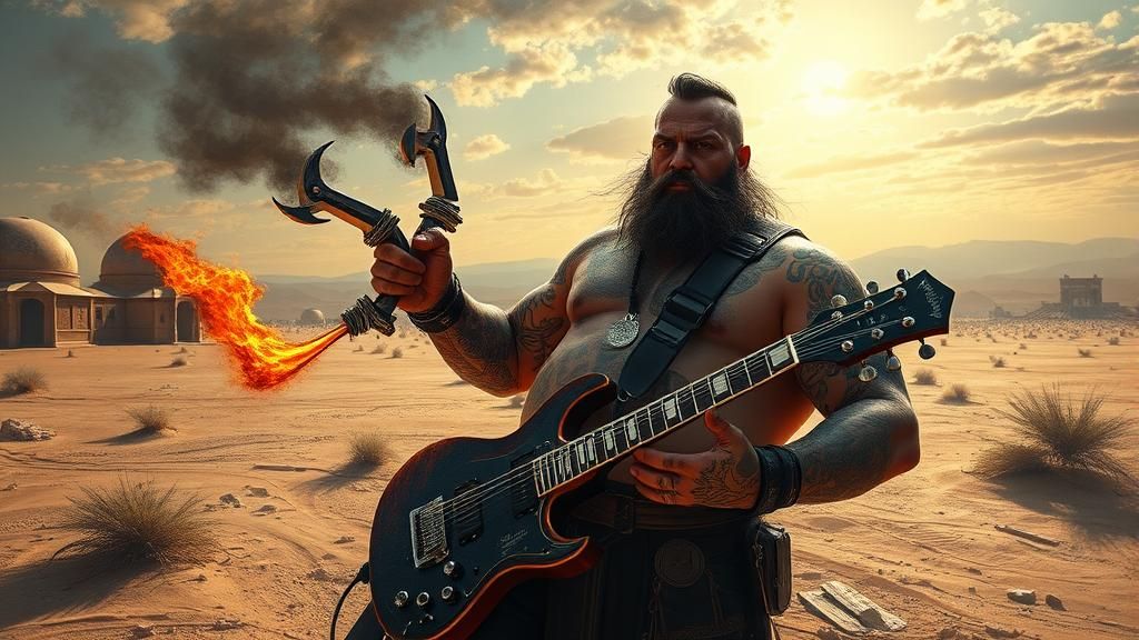 Post-Apocalyptic Rocker with Guitar Sword in Oil Painting St...