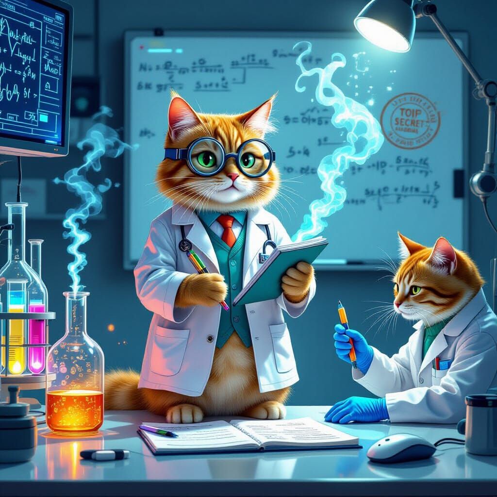 Ginger Cat Scientist in Hyperrealistic Lab Scene