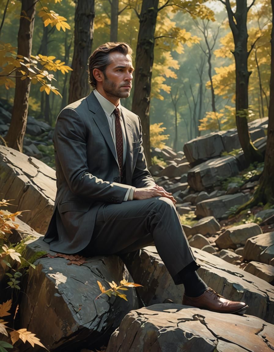 Businessman in Forest, Concept Art Landscape