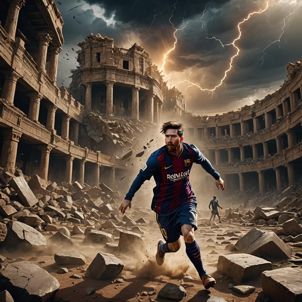 Messi Dodging Tornado Debris in Mystical Arena