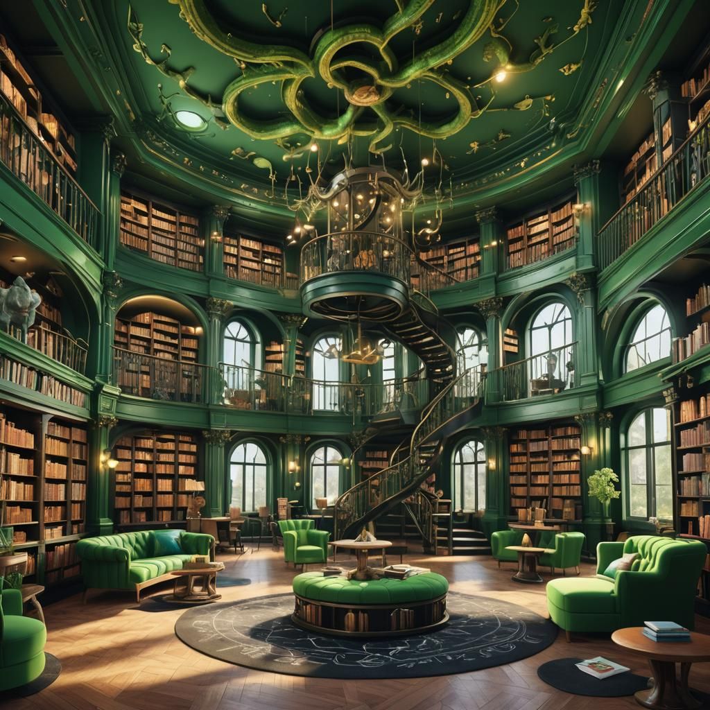 Whimsical Serpentine Library Common Room in Fantasy Art Styl...