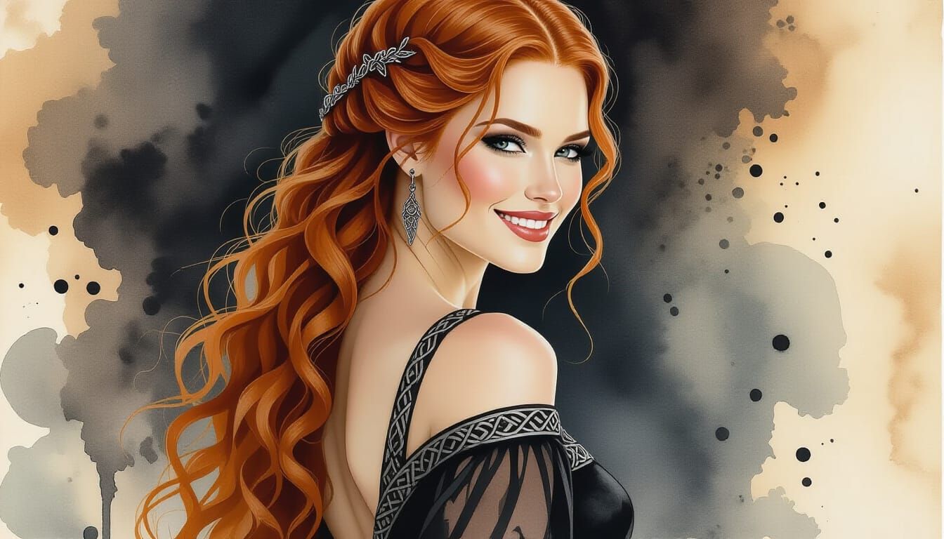 Stunning Norse Goddess Portrait with Watercolor and Ink Effe...