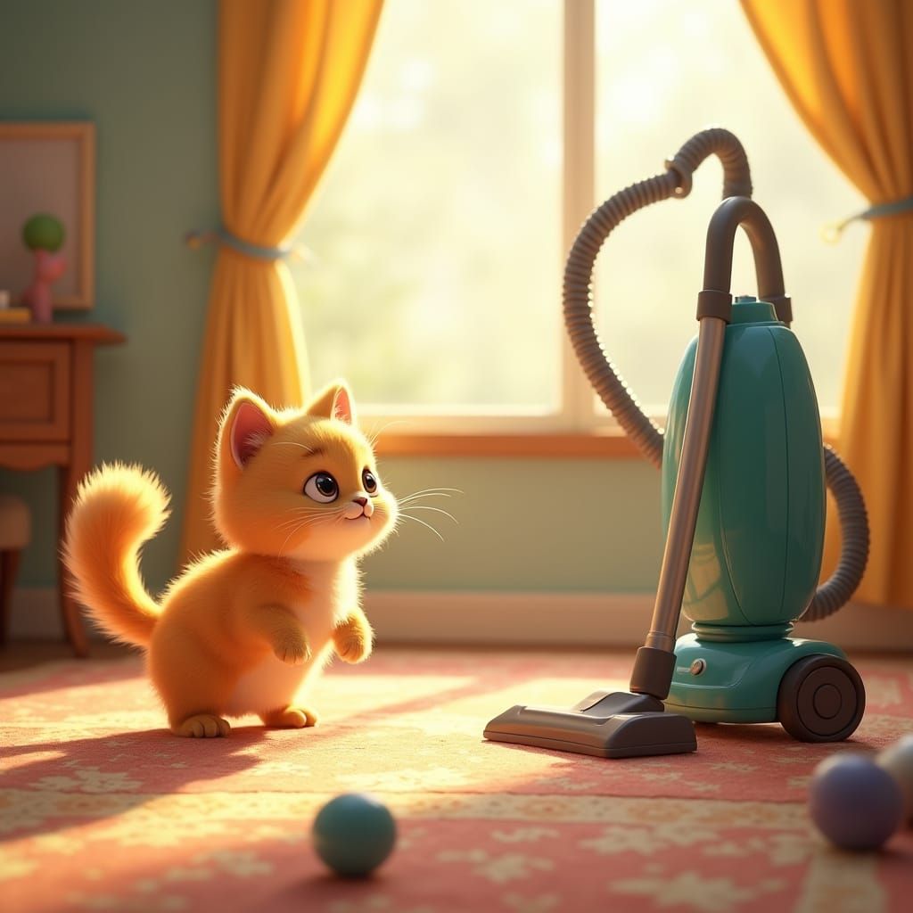 Fluffy Cat Challenges Vacuum in Whimsical Illustration
