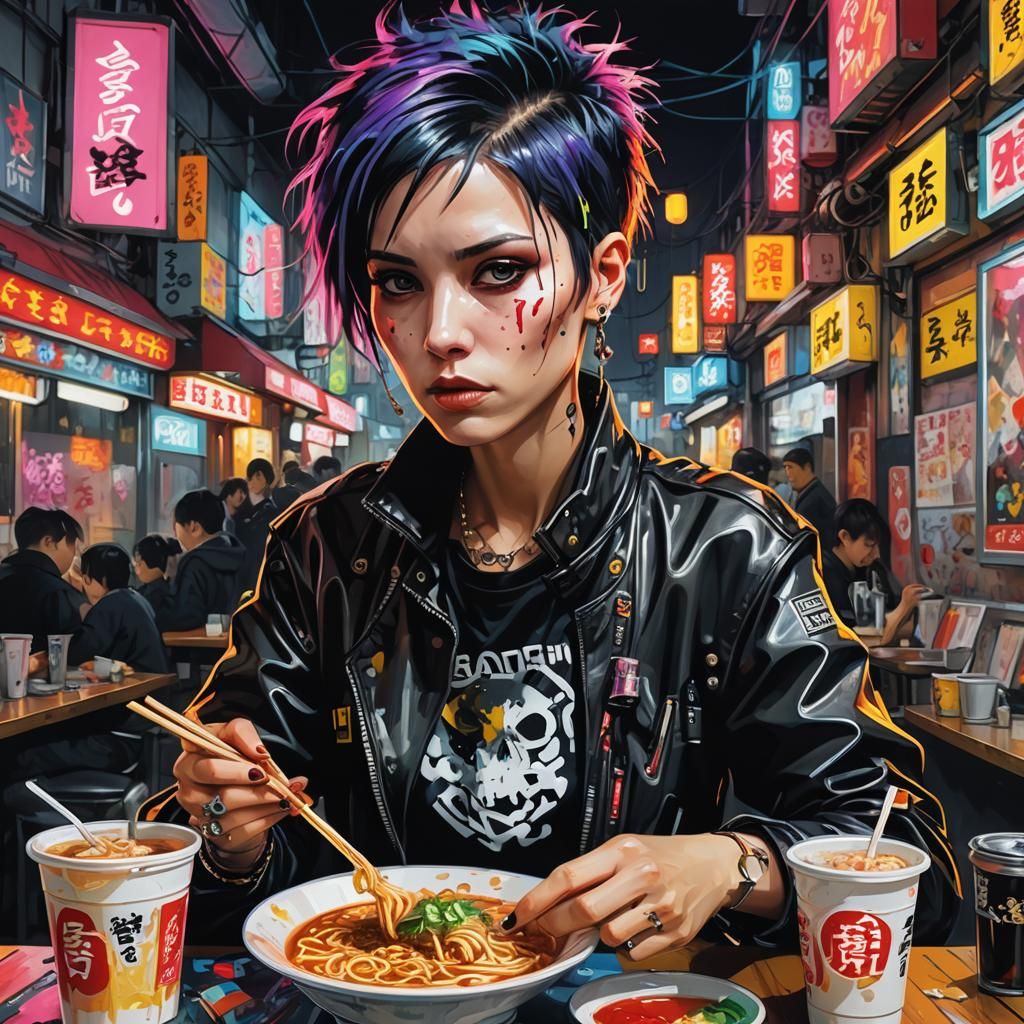 Beautiful Cyborg women, short punk hair,  look lisbeth Salander punk high expensive fashion outfit and jewerly eating ra...