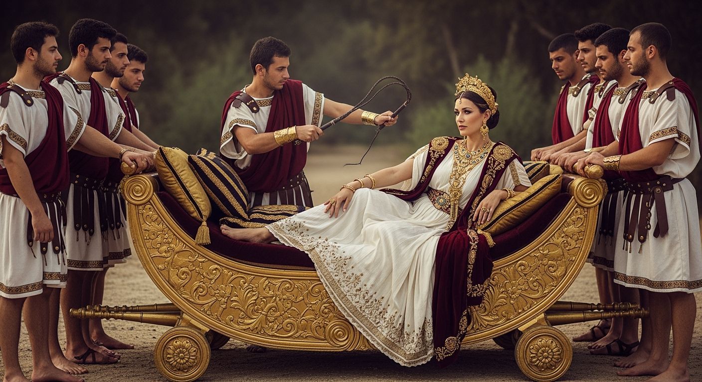 Opulent Roman Empress in Gold Litter, Canon Photography