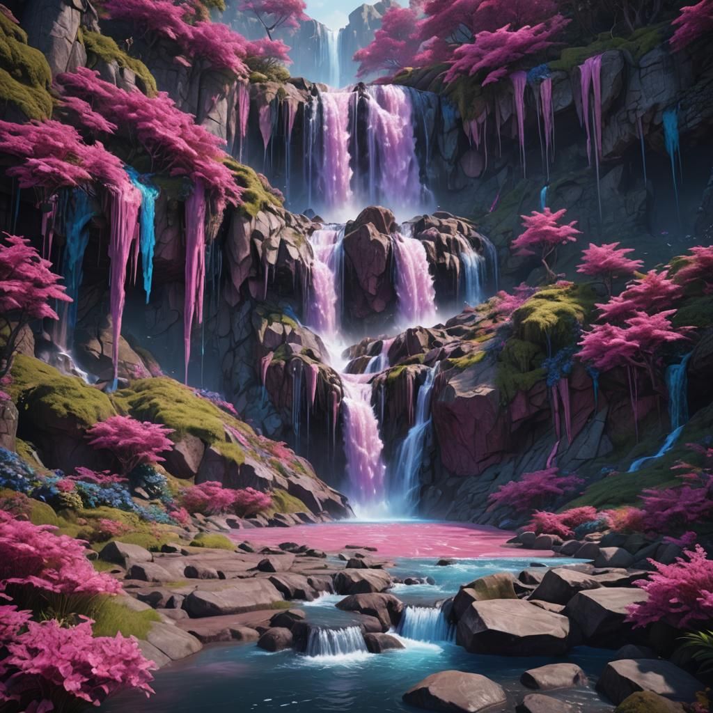 Fantastical Waterfall in Pink, Purple and Blue