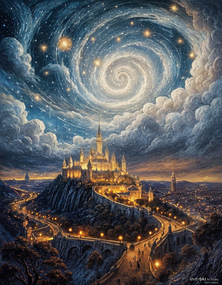 Minas Tirith Under Starry Night, Digital Painting