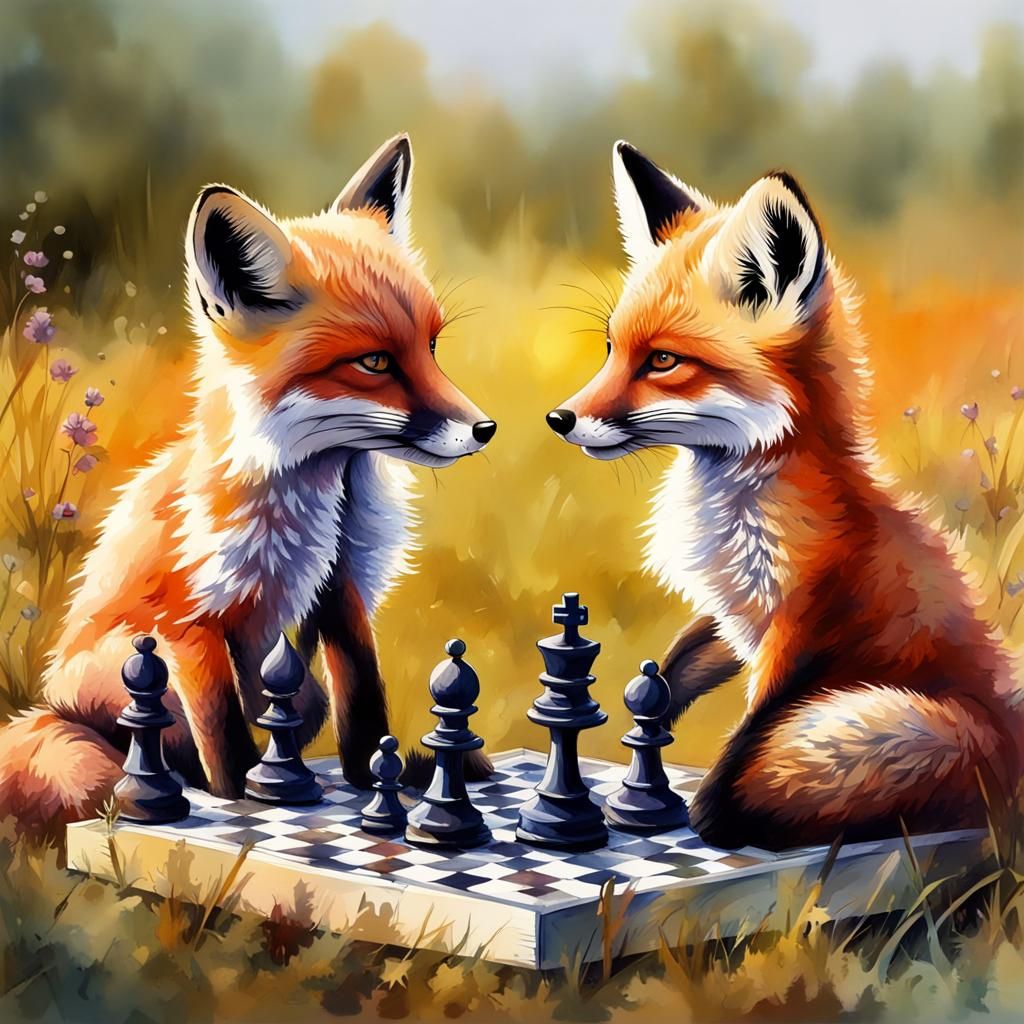 Fox Cubs Play Chess: Watercolor Art