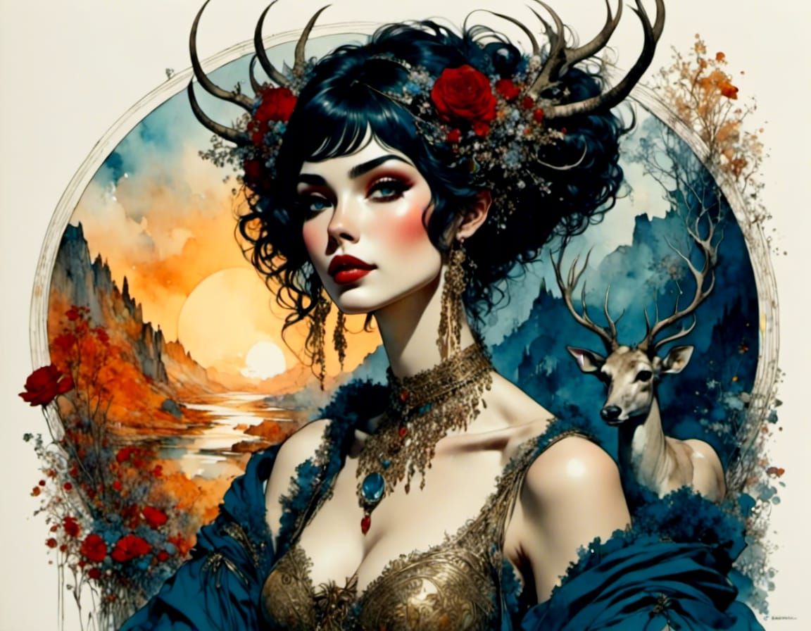 Aubrey Beardsley Style Woman with Antlers Sketch