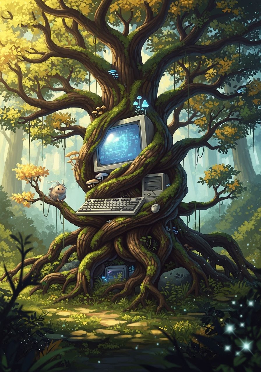 Anime Tree Engulfs Vintage Computer in Mystical Forest