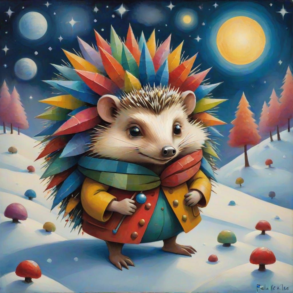 Celestial Hedgehog Welcomes Winter in Vibrant Abstraction
