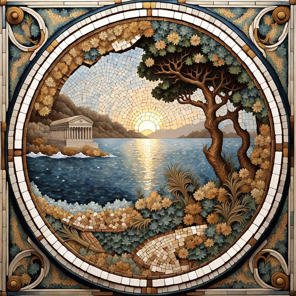 Antique Roman Mosaic Marine Scene with Fractal Art