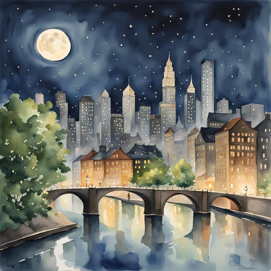 Night Cityscape in Watercolor with Starry Sky