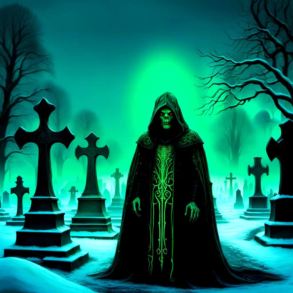 Gothic Necromancer in Winter Cemetery: Synthwave Neon
