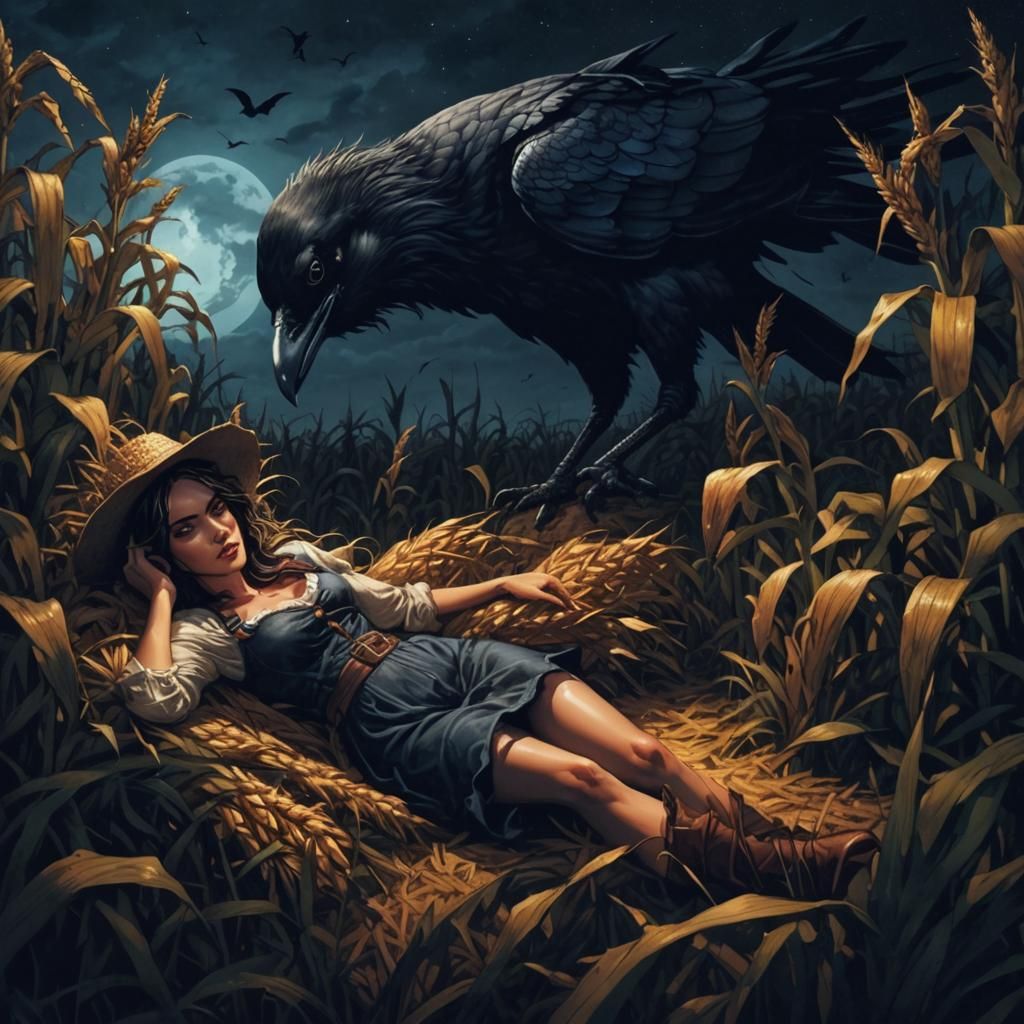 Farm Girl and Giant Crow in Dark Comic Art
