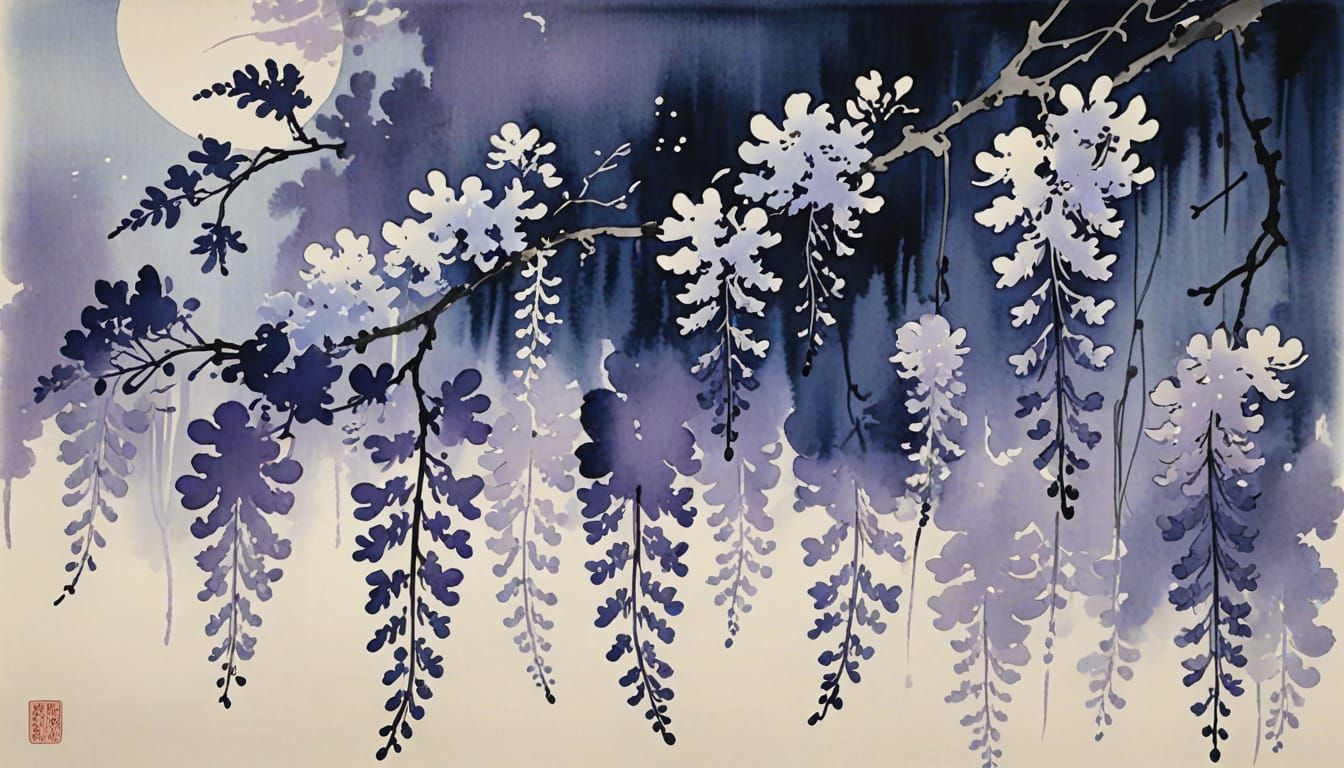 Yamato-e Painting of Wisteria Under Ethereal Moonlight