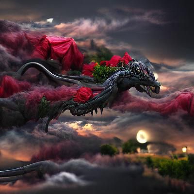 Dragon in Roses Under Moonlight