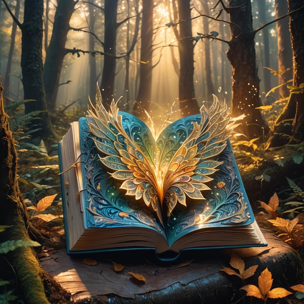 Glowing Book in Mystical Forest, Fantasy Illustration