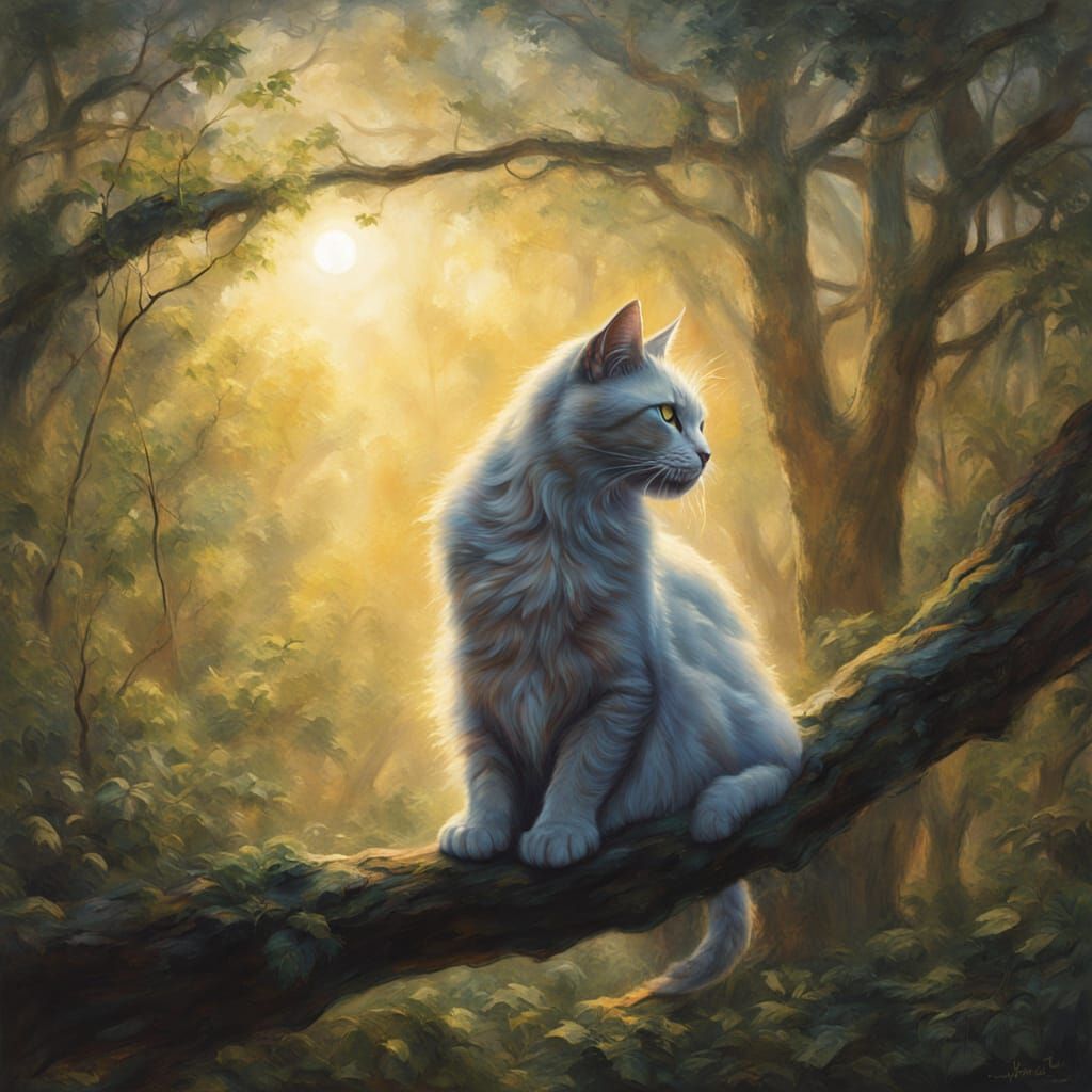 Ethereal Moonlight Cat in Forest Clearing