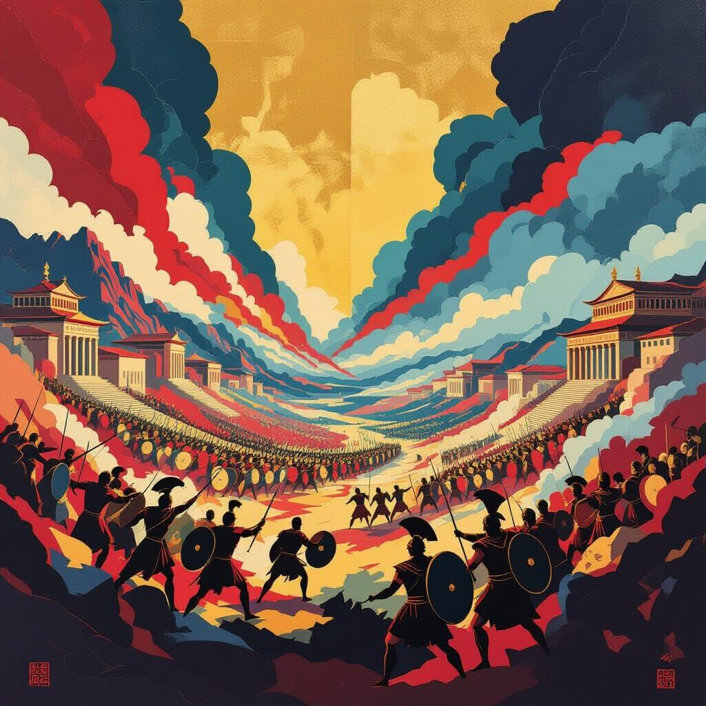 Vivid ukiyo-e style cubist and futuristic Roman Empire..  gr...