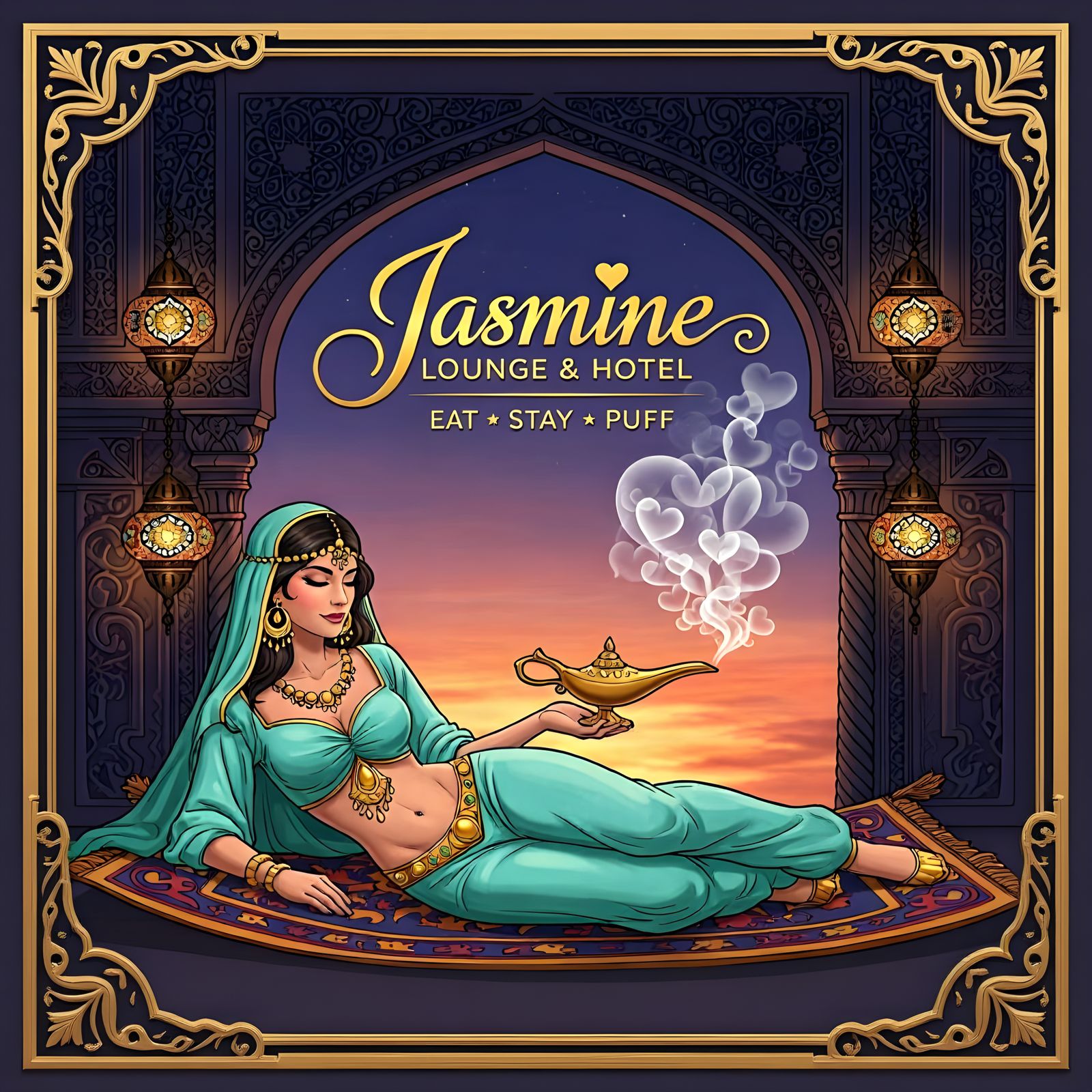 Arabic Princess on Flying Carpet in Art Nouveau Style