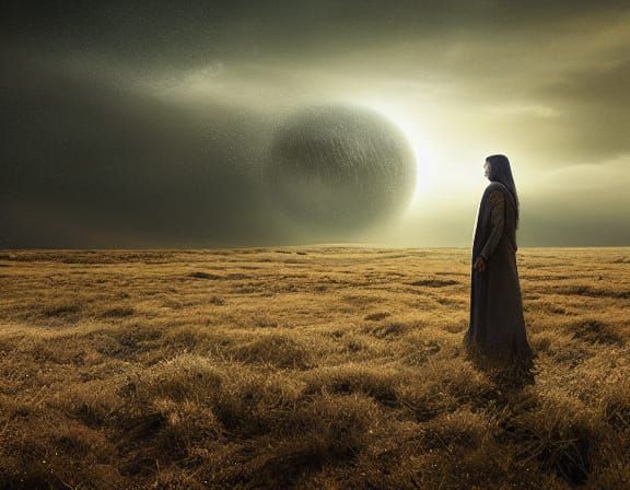 Lone Woman on Barren Plains with Glowing Artifact