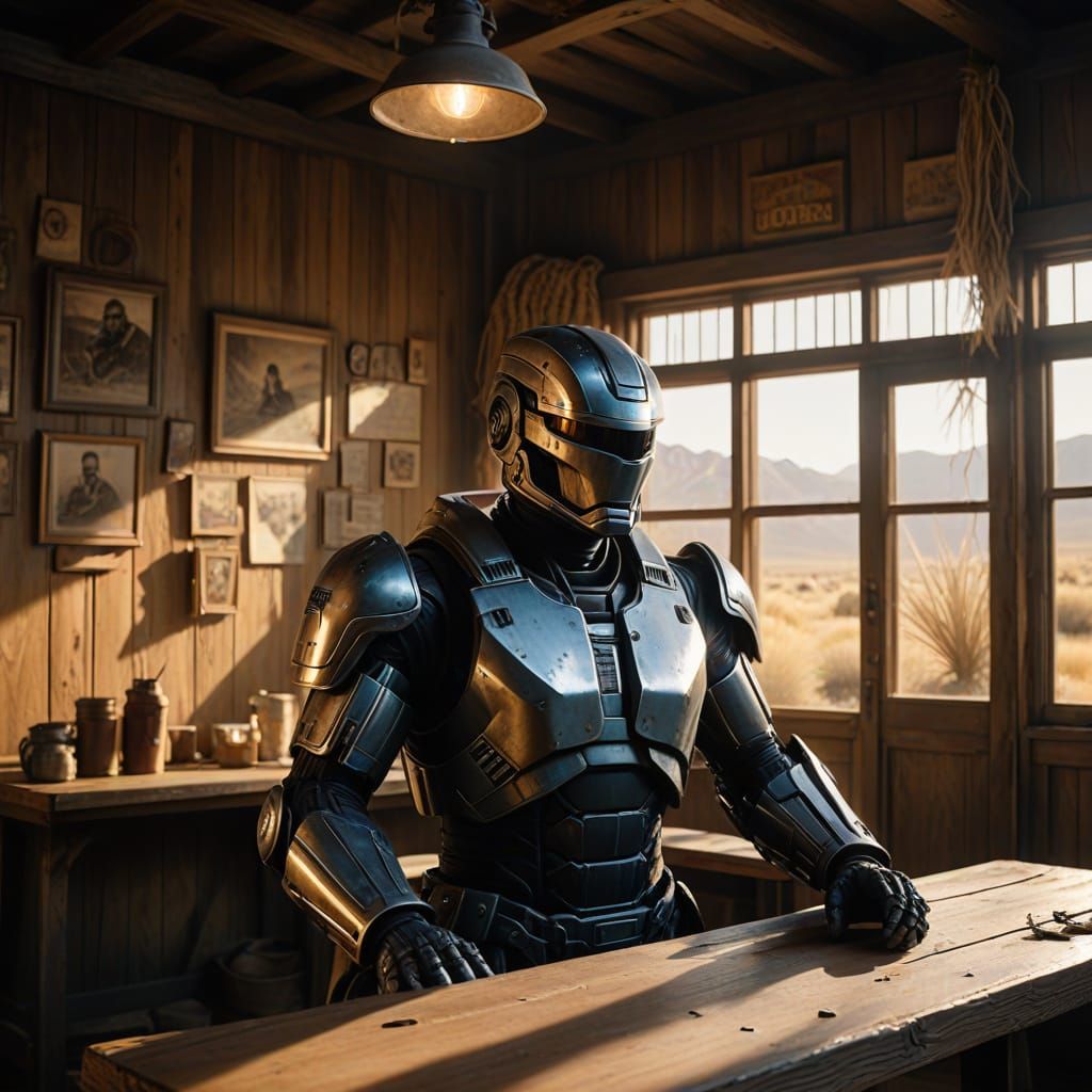 Robocop in a Desolate Western Saloon