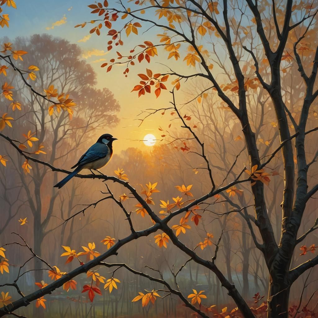 Autumn Bird Naive Realism in Henri Rousseau Style