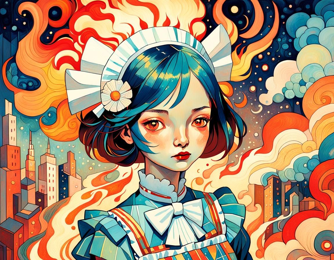 Surreal Maid on Fire in Art Deco Style