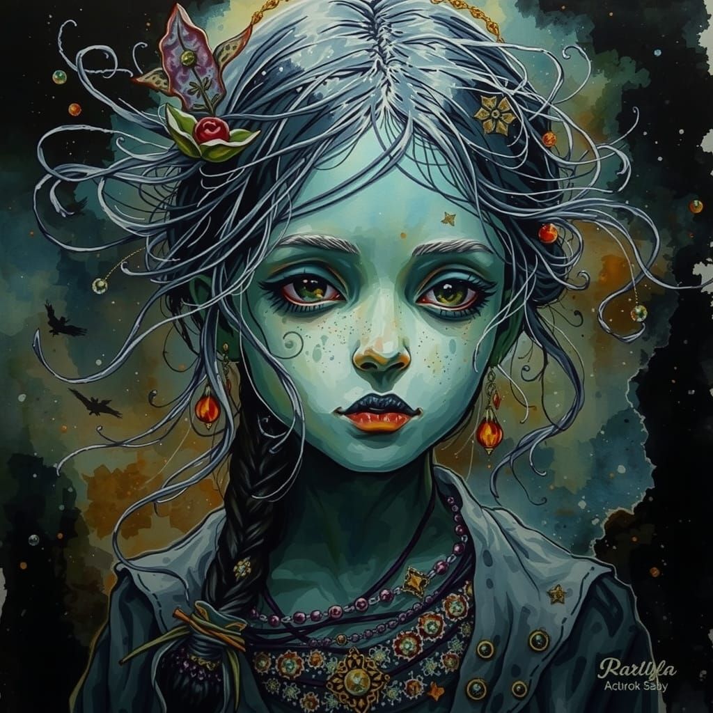 Ethereal Gypsy Fortuneteller Portrait in Watercolor