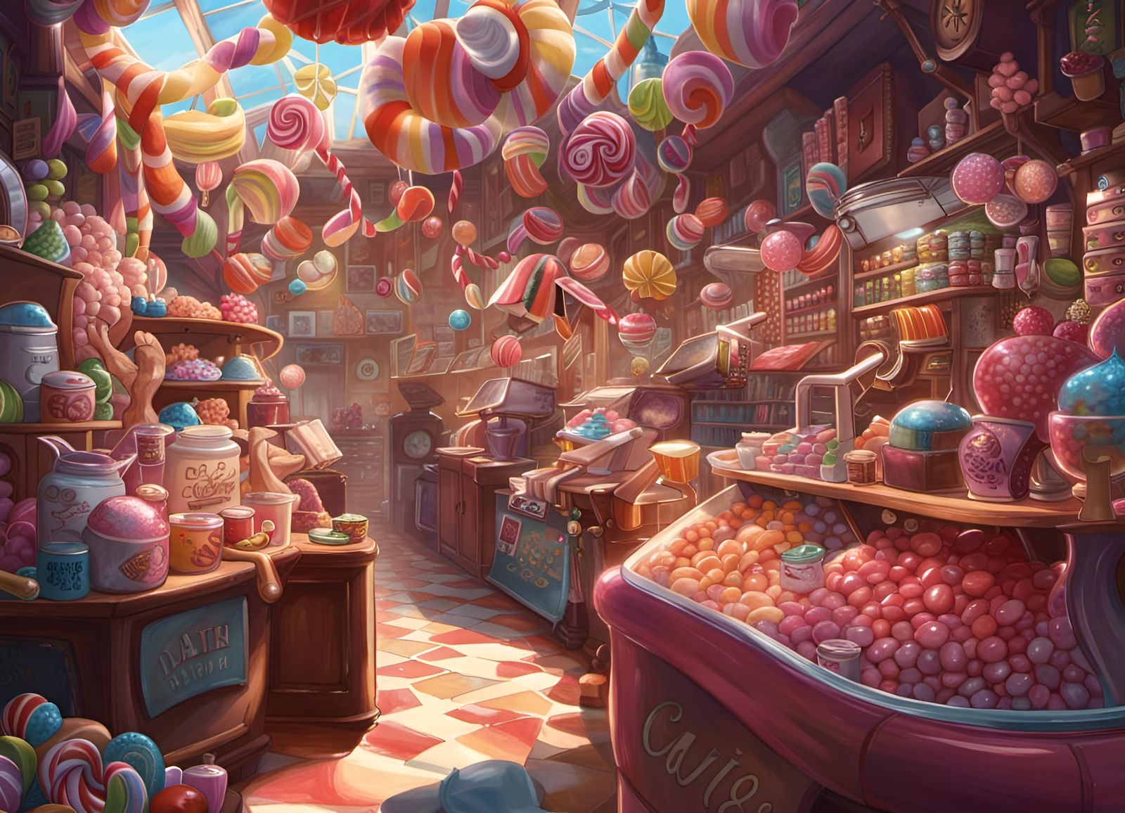 Detailed Candy Shop Interior in Digital Painting Style