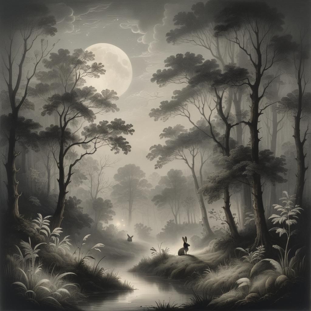 Rabbit in Moonlit Forest: Romanticist Copperplate Engraving