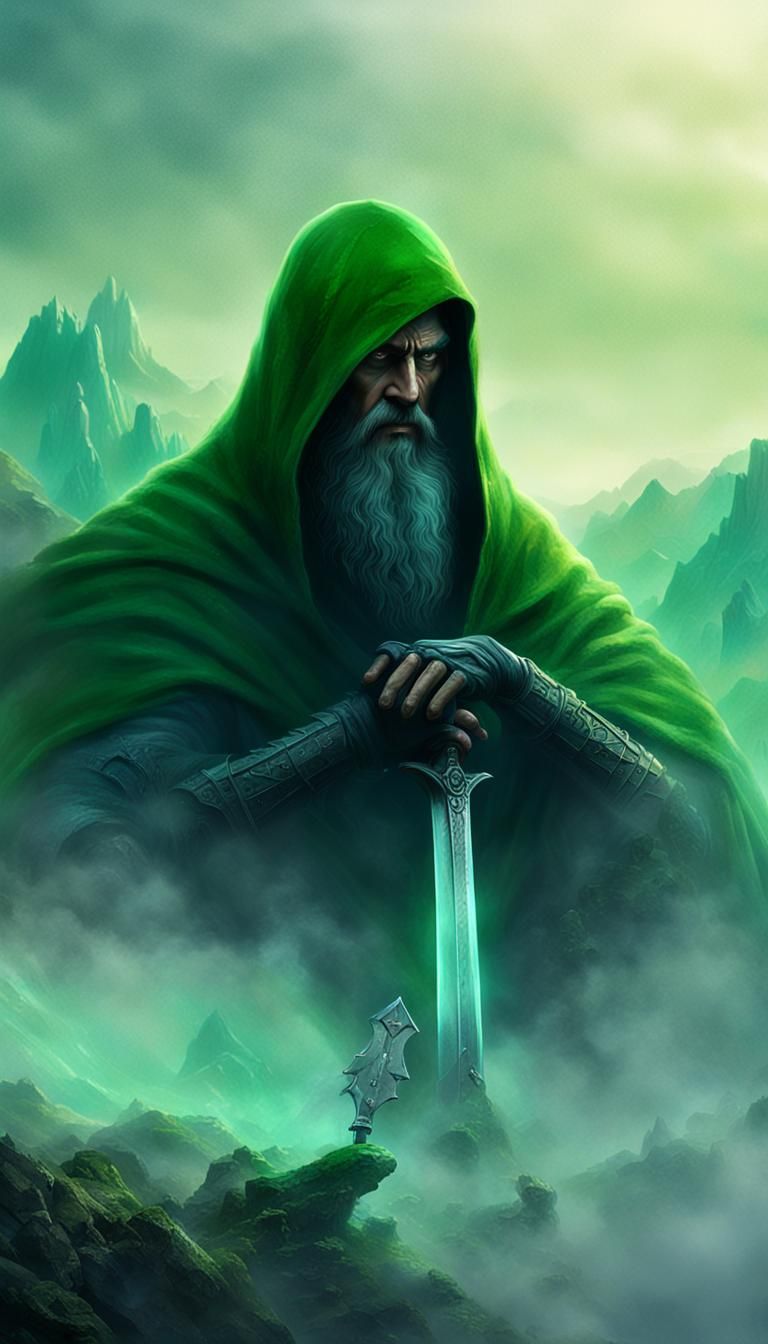 Mystical Swordsman in Fog-Shrouded Mountains