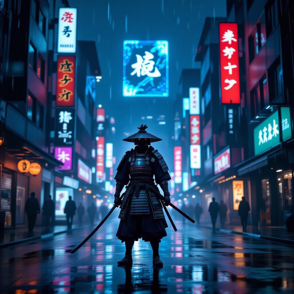 Samurai in Futuristic Tokyo Neon Street