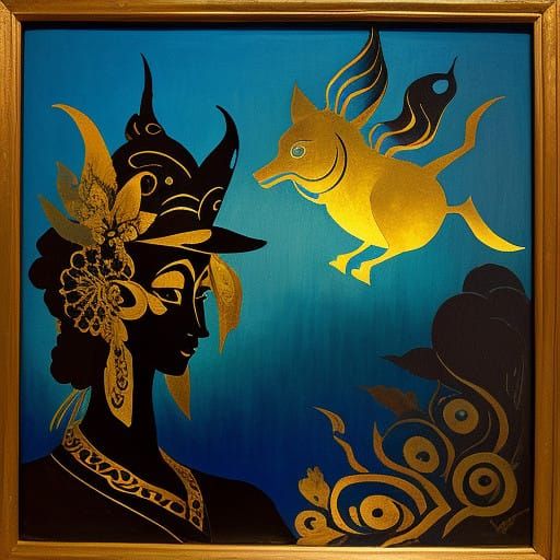 Surreal Balinese Shadow Puppetry in Dreamlike Oil on Canvas